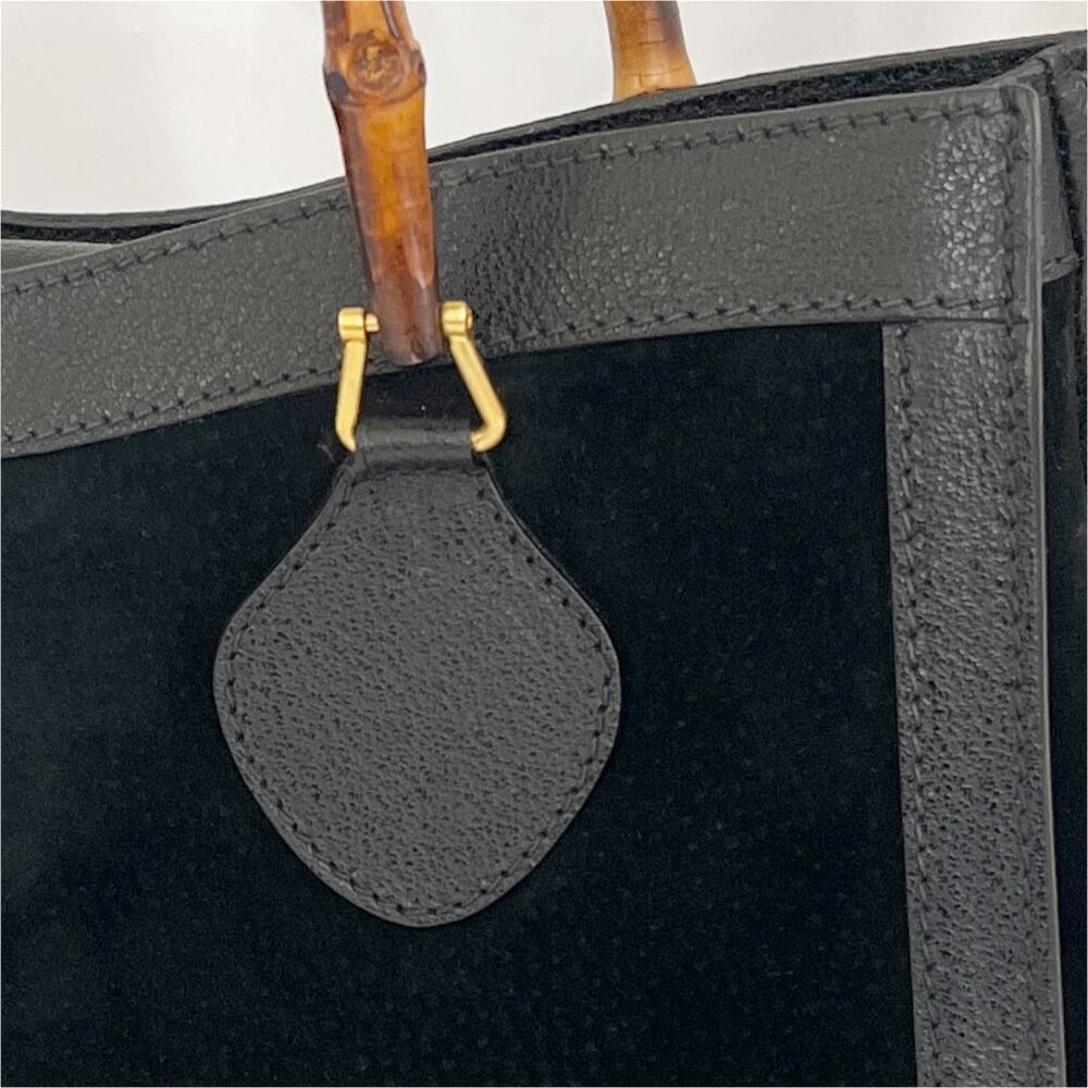 GUCCI Bamboo Diana Vintage Tote Bag Black Suede Leather Top Handles 1990s - Picture 10 of 17